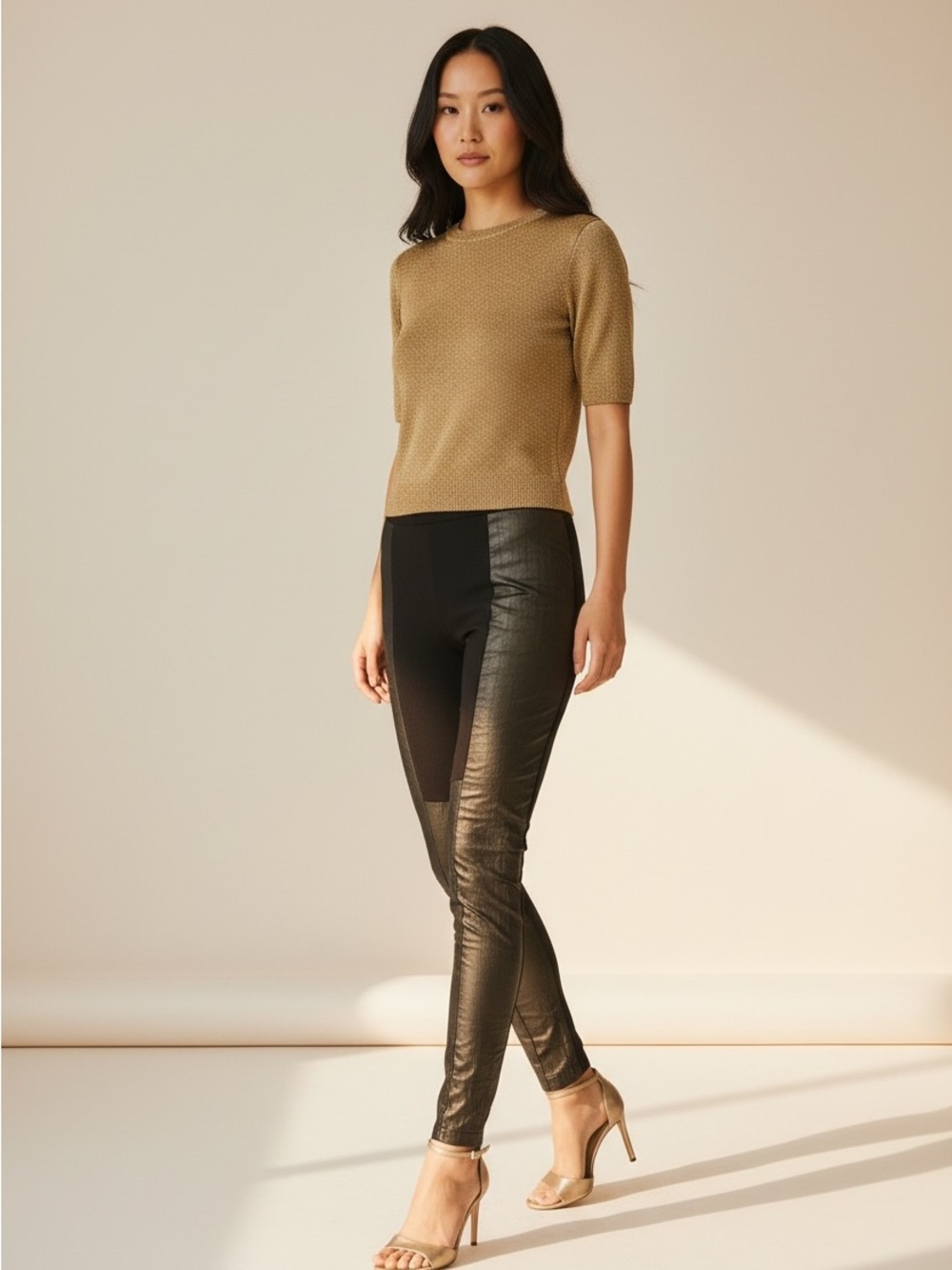 DKNY Slim Luxe Black Faux-Leather Panel Leggings• L